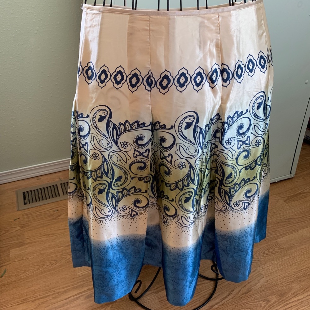 Satin midi skirt , blue tan paisley